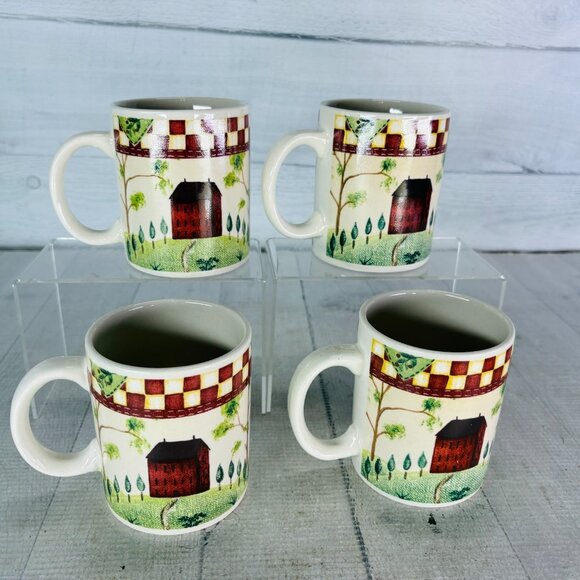 Thomson Pottery COUNTRY HOME Red White Check Farmhouse Tree 10 oz Cup Mugs Set 4 - Picture 4 of 15